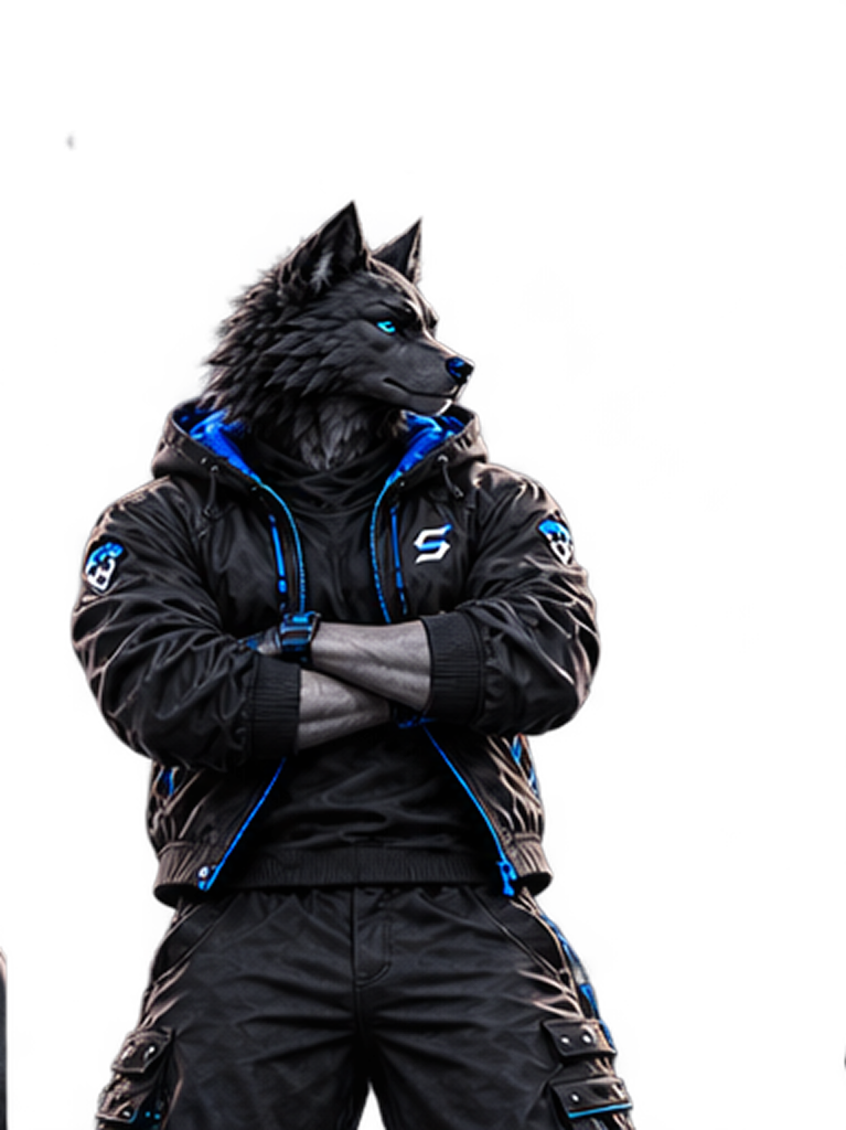 Snaiotech wolf mascot standing with arms crossed