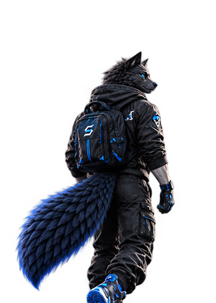 Snaiotech wolf mascot walking with backpack