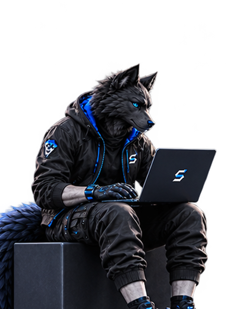 Snaiotech wolf mascot coding on laptop